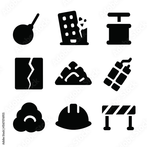 Demolition Icons Grid. Solid, filled icon set of demolition and destruction: wrecking ball, collapsing building, explosive plunger