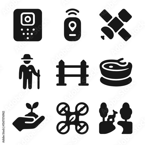 Conservation Tools Icons. Solid, filled icons set of conservation tools and methods: camera trap, GPS tracker,