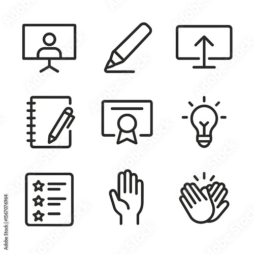 Virtual Workshop Icons. Outline icon set of virtual workshops and learning sessions: presentation screen, digital whiteboard