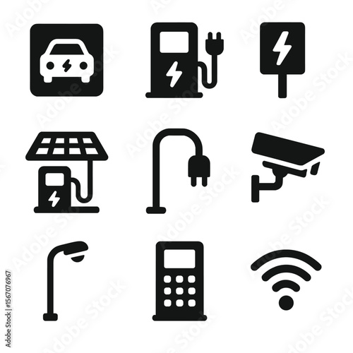 EV Station Icons. Solid, filled icon set of EV station infrastructure: parking spot, station kiosk, LED signage, solar canopy,