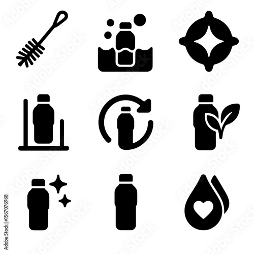 Reusable Bottle Care Icons. Solid, filled icons set of reusable water bottle care: bottle brush, soapy water,