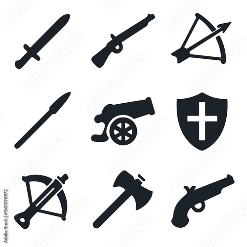 Historical Weapons Icons. Solid, filled icon set of historical reenactment weapons: sword, musket, bow and arrow, spear, cannon,