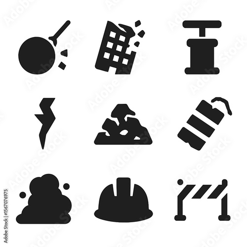Demolition Icons Grid. Solid, filled icon set of demolition and destruction: wrecking ball, collapsing building, explosive plunger
