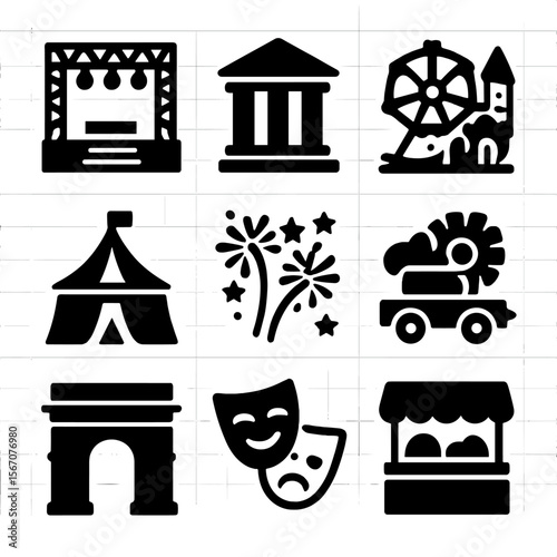 Holiday Icon Grid. Solid, filled icon set of holiday events and attractions: concert stage, museum, amusement park, festival tent,