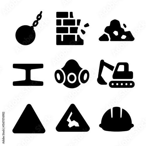 Demolition Site Icons. Solid, filled icon set of demolition site debris: wrecking ball, demolished wall, rubble pile, steel beam,