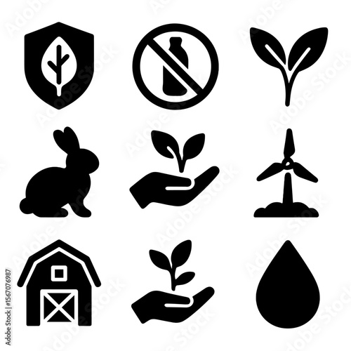 Ethical Product Icons. Solid, filled icon set of ethical products: leaf shield, no plastic sign, vegan symbol, cruelty-free bunny,