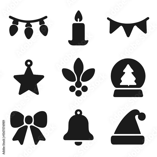 Holiday Icon Grid. Solid, filled icon set of holiday decoration and symbols: string lights, candle, garland, star ornament,