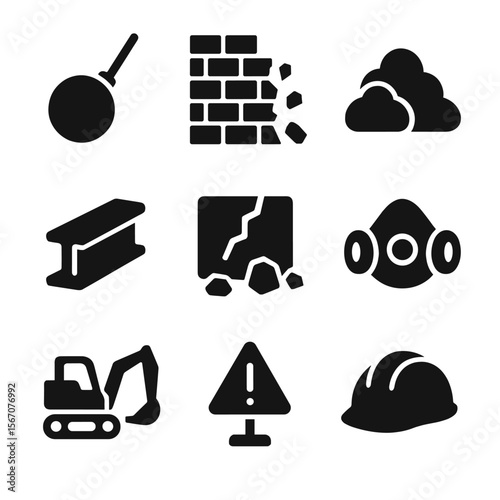 Demolition Site Icons. Solid, filled icon set of demolition site debris: wrecking ball, demolished wall, rubble pile, steel beam,