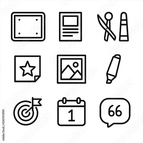 Vision Board Icons. Outline icon set of vision board creation: corkboard outline, magazine clipping, scissors and glue stick,