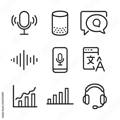 Voice Interface Icons. Outline icon set of voice search and conversational interfaces: microphone with sound waves, smart speaker,