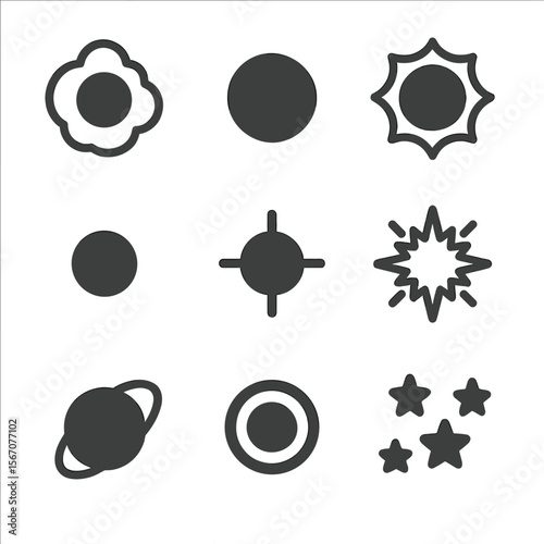 Star Lifecycle Icons. Solid, filled icon set of Star lifecycle stages: protostar, main sequence star, red giant, white dwarf,