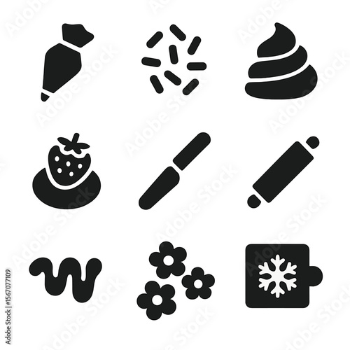Dessert Decorating Icons. Solid, filled icon set of decorating desserts: icing bag, sprinkles, frosting swirl, fruit topping, cake