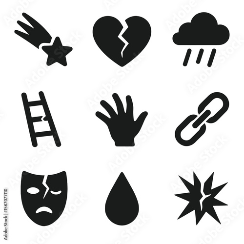 Despair Icon Set. Solid, filled icon set of despair: falling star, cracked heart, broken ladder, rain cloud, shadow hand, broken