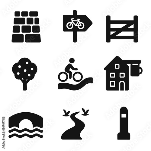 Country Cycling Icons. Solid, Filled icon set of country cycling routes: cobblestone lane, country road sign, farm gate, orchard