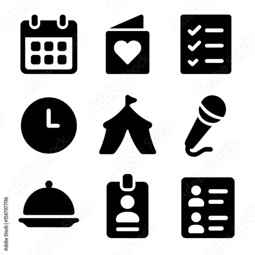 Event Planning Icons. Solid, filled icon set of event planning: calendar, invitation card, checklist, clock, event tent,