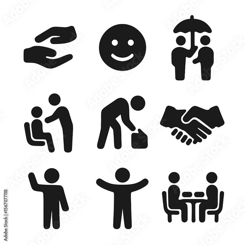 Everyday Kindness Icons. Solid, filled icon set of everyday kindness: helping hand, smiley face, offering umbrella, giving seat,