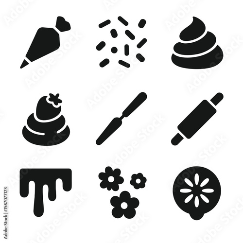 Dessert Decorating Icons. Solid, filled icon set of decorating desserts: icing bag, sprinkles, frosting swirl, fruit topping, cake