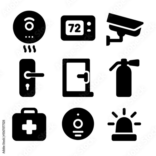 Home Safety Icons. Solid, filled icon set of home safety and comfort: smoke detector, thermostat, security camera, door lock,