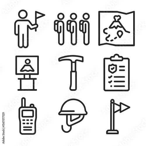 Volcano Tour Icons. Outline icon set of guided volcano tours: guide silhouette with flag, group of tourists with backpacks,