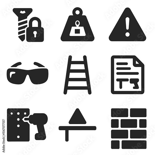 Safe Shelf Icon Set. Solid, filled icons set of safe shelf installation practices: secure screw, weight limit