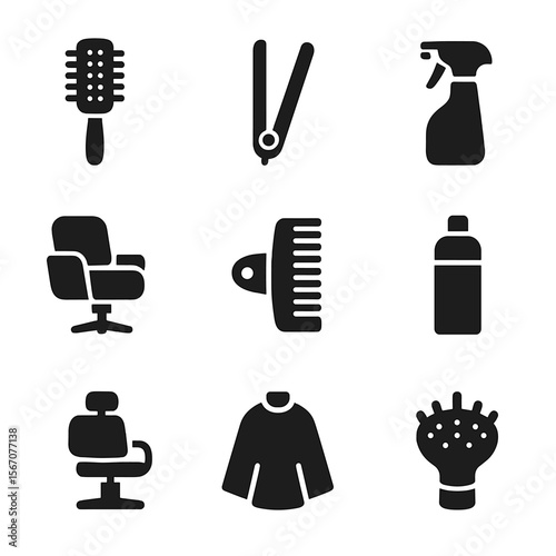 Salon Tools Icons. Solid, filled icons set of salon styling tools: round brush, flat iron, styling comb, spray