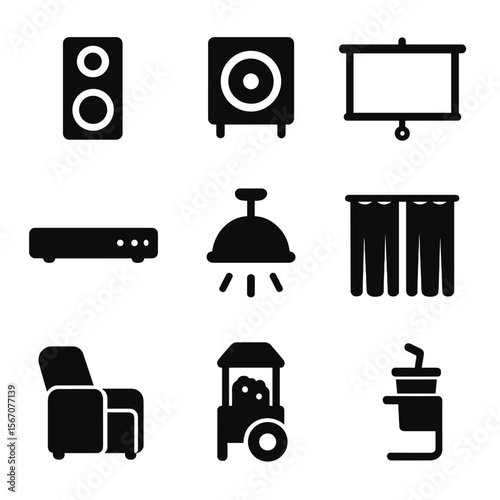 Home Theater Icons. Solid, filled icon set of home theater accessories: speaker, subwoofer, soundbar, projector screen, ceiling