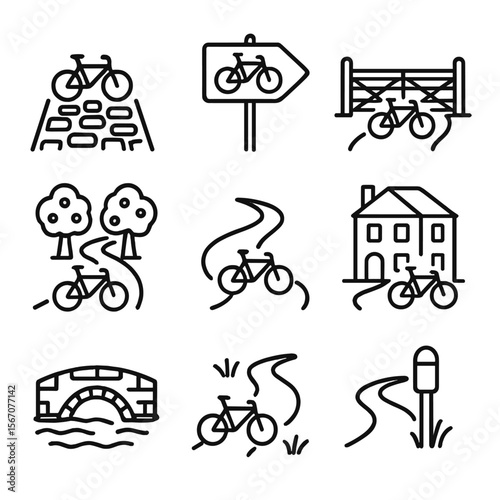 Country Cycling Icons. Outline icon set of country cycling routes: cobblestone lane, country road sign, farm gate, orchard trail,