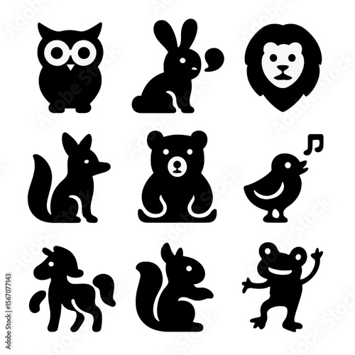 Storybook Animal Icons. Solid, filled icon set of storybook animals: wise owl, talking rabbit, brave lion, clever fox, friendly