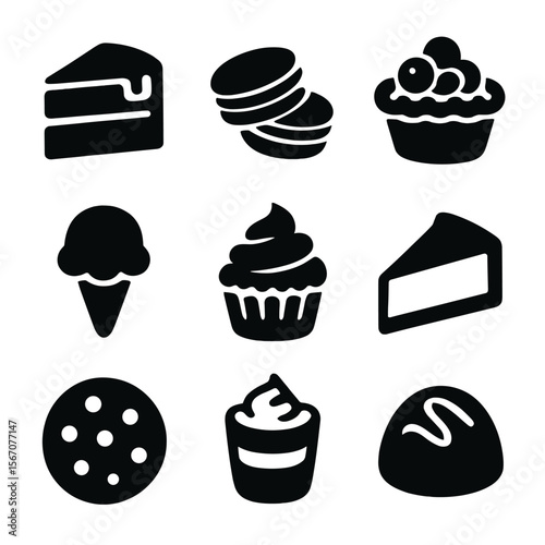 Dessert Icon Grid. Solid, filled icon set of dessert and sweets: chocolate cake, macarons, fruit tart, ice cream scoop, cupcake,
