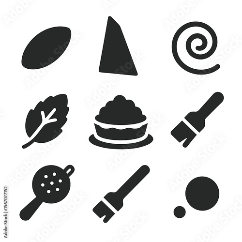 Dessert Plating Icons. Solid, filled icon set of dessert plating techniques: quenelle, chocolate shard, caramel swirl, berry