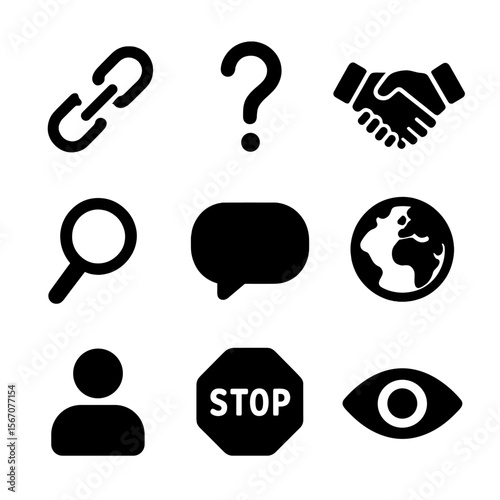 Stereotype Breaker Icons. Solid, filled icon set of avoiding stereotypes: broken chain, question mark, handshake, magnifying glass