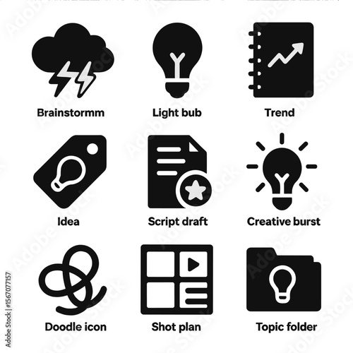 Content Creation Icons. Solid, filled icons set of content ideation for short videos: brainstorm cloud, light