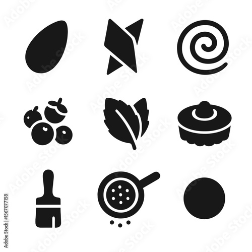 Dessert Plating Icons. Solid, filled icon set of dessert plating techniques: quenelle, chocolate shard, caramel swirl, berry