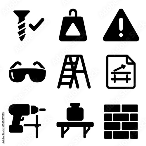 Safe Shelf Icon Set. Solid, filled icons set of safe shelf installation practices: secure screw, weight limit