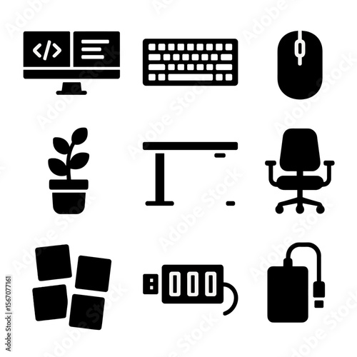 Development Workspace Icons. Solid, filled icon set of development workspace setup: dual monitor, mechanical keyboard, mouse,