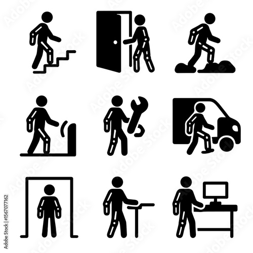 Exoskeleton Interaction Icons. Solid, filled icon set of Environmental interaction with exoskeletons: stairs navigation, door