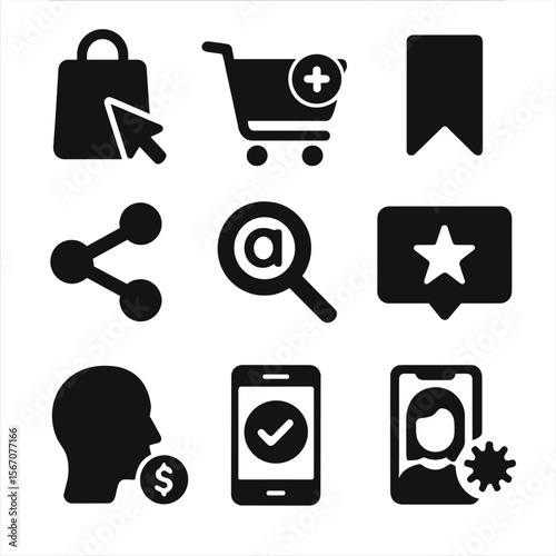 Consumer Reaction Icons. Solid, filled icons set of consumer reaction to influencer content: product click,