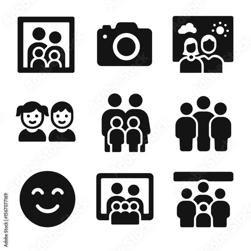 Diverse Icon Grids. Solid, filled icon set of family portraits: photo frame, camera, posing, background, children, parents, smile,