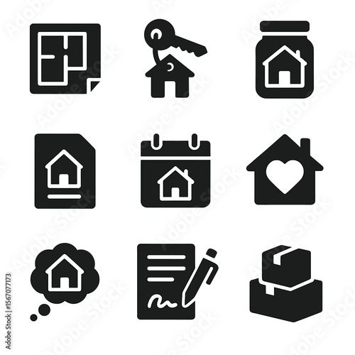 Homeownership Dream Icons. Solid, filled icon set of homeownership dreams: blueprint, keychain, savings jar, mortgage document,