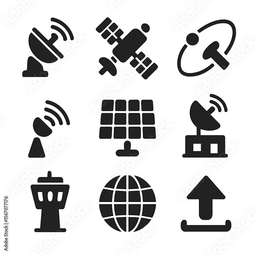 Satellite Icon Grid. Solid, filled icons set of satellite technology: communication dish, satellite icon,