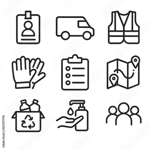 Volunteer Icon Set. Outline icon set of volunteer-driven pickup campaigns: volunteer badge, collection van, safety vest, work