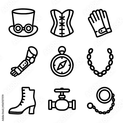 Steampunk Fashion Icons. Solid, filled icon set of steampunk accessories: top hat with goggles, corset belt, leather gloves,