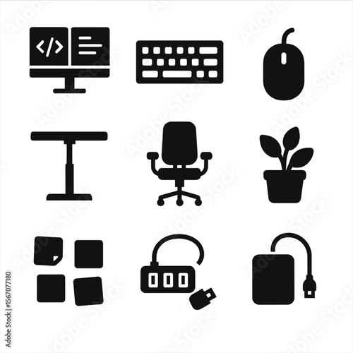 Development Workspace Icons. Solid, filled icon set of development workspace setup: dual monitor, mechanical keyboard, mouse,