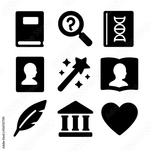 Diverse Reading Genres. Solid, filled icon set of reading genres: fiction book, mystery magnifier, science book, biography