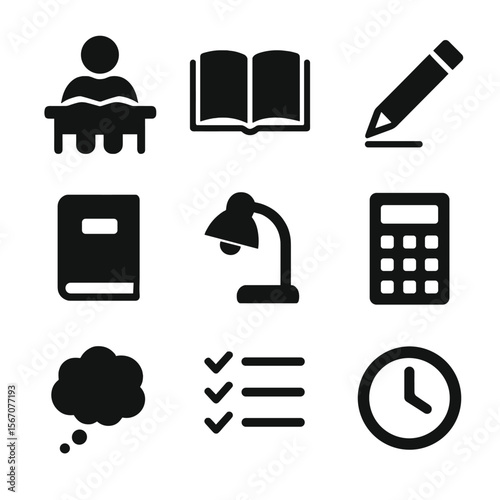 Homework Icons Grid. Solid, filled icon set of doing homework: student at desk, open notebook, pencil writing, textbook, desk lamp