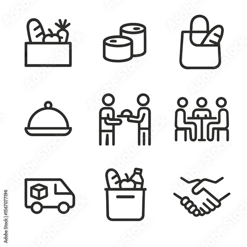 Volunteer Food Distribution Icons. Outline icon set of volunteer food distribution: food box, canned goods, reusable bag, serving