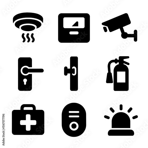 Home Safety Icons. Solid, filled icon set of home safety and comfort: smoke detector, thermostat, security camera, door lock,
