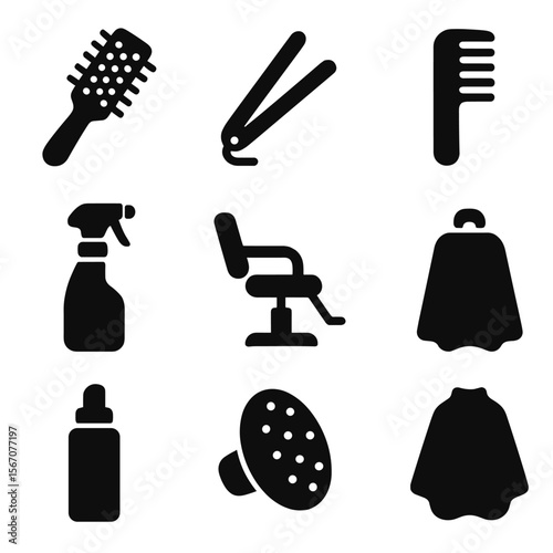 Salon Tools Icons. Solid, filled icons set of salon styling tools: round brush, flat iron, styling comb, spray