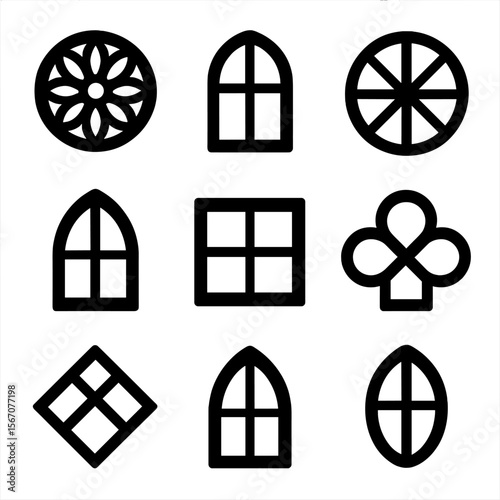 Stained Glass Icon Grid. Solid, filled icon set of stained glass window shapes: rose window, arched panel, circular pane, gothic