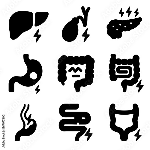 Digestive Discomfort Icons. Solid, filled icon set of digestive organ discomfort: liver pain, gallbladder ache, pancreas